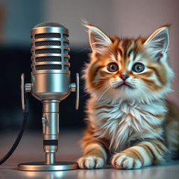 A high-quality microphone with a cute, fluffy cat beside it
