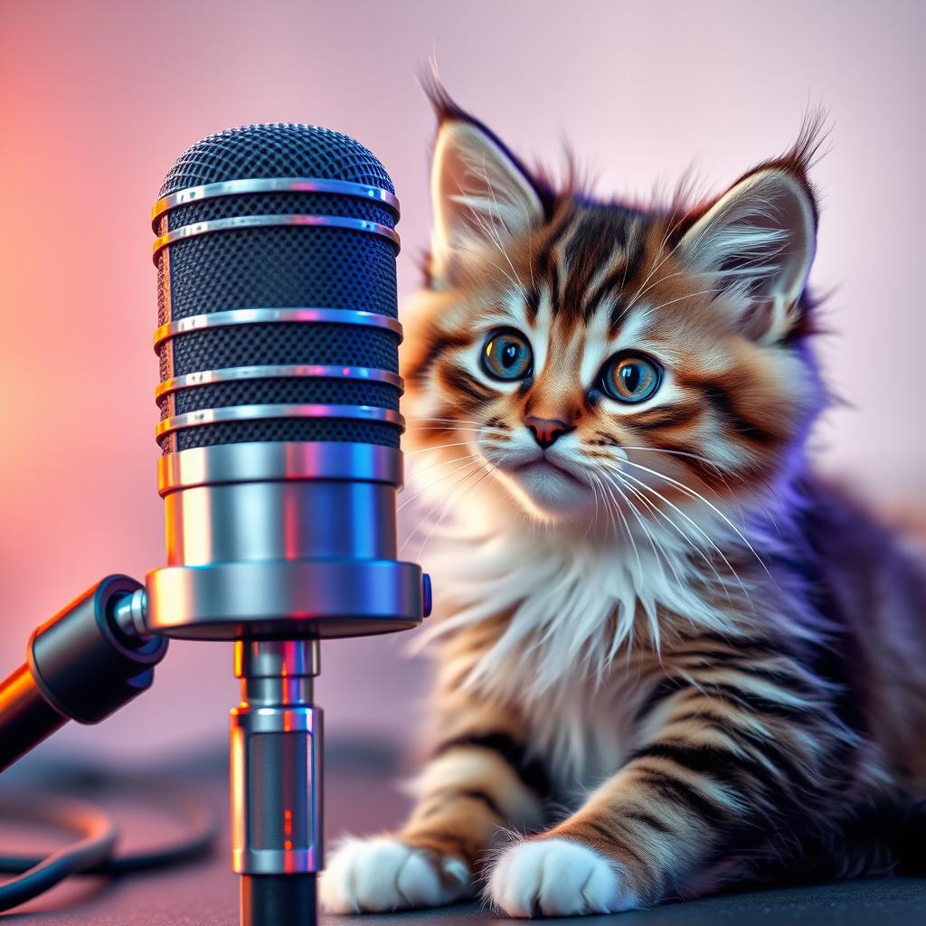 A high-quality microphone with a cute, fluffy cat beside it