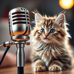 A high-quality microphone with a cute, fluffy cat beside it