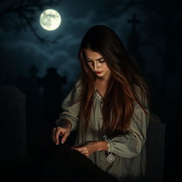 A young and beautiful woman with long flowing hair, dressed in a vintage white dress, visiting a graveyard at night