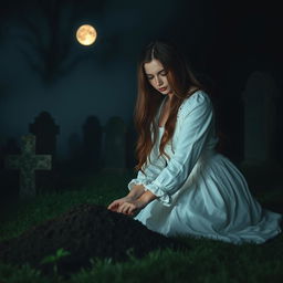A young and beautiful woman with long flowing hair, dressed in a vintage white dress, visiting a graveyard at night