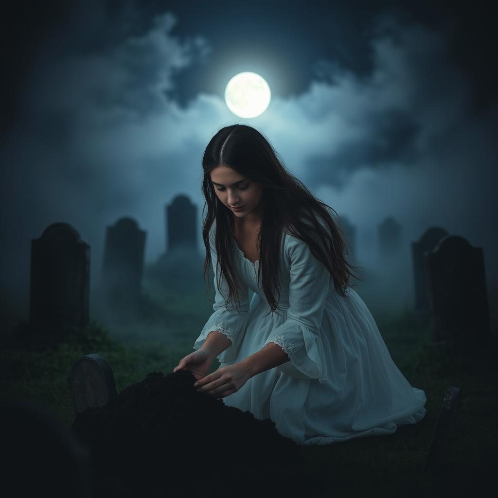 A young and beautiful woman with long flowing hair, dressed in a vintage white dress, visiting a graveyard at night