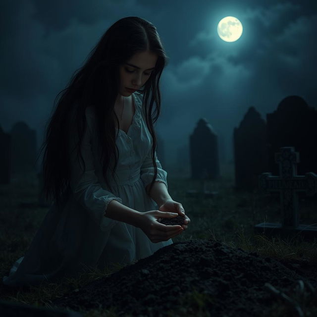 A young and beautiful woman with long flowing hair, dressed in a vintage white dress, visiting a graveyard at night