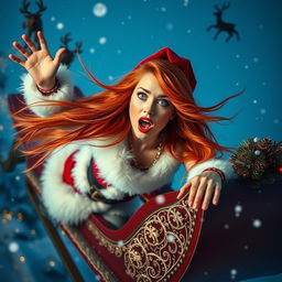 A sexy redhead Santa woman, featuring vibrant blue eyes and glossy red lips, is dramatically falling out of a flying sleigh
