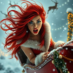 A sexy redhead Santa woman, featuring vibrant blue eyes and glossy red lips, is dramatically falling out of a flying sleigh