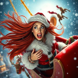 A sexy redhead Santa woman, featuring vibrant blue eyes and glossy red lips, is dramatically falling out of a flying sleigh
