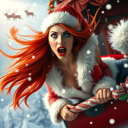 A sexy redhead Santa woman, featuring vibrant blue eyes and glossy red lips, is dramatically falling out of a flying sleigh