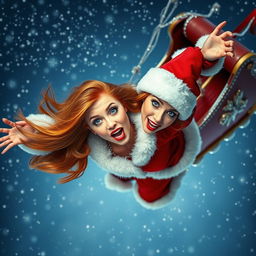 A sexy redhead woman dressed as Santa, with vibrant blue eyes and luscious red lips, is dramatically falling out of a flying sleigh, her expression filled with surprise and a hint of fear