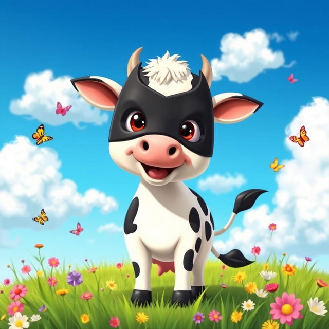 A cartoonish cow wearing Batman's iconic black mask, standing in a playful pose on a vibrant green meadow