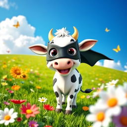 A cartoonish cow wearing Batman's iconic black mask, standing in a playful pose on a vibrant green meadow