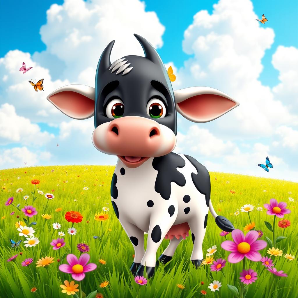 A cartoonish cow wearing Batman's iconic black mask, standing in a playful pose on a vibrant green meadow