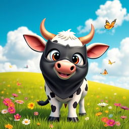 A cartoonish cow wearing Batman's iconic black mask, standing in a playful pose on a vibrant green meadow