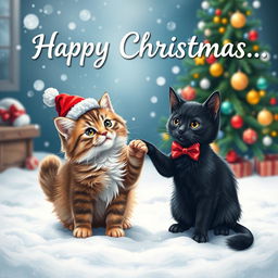 A cheerful Christmas card featuring two adorable cats playfully interacting in a winter wonderland