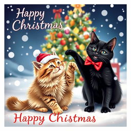 A cheerful Christmas card featuring two adorable cats playfully interacting in a winter wonderland