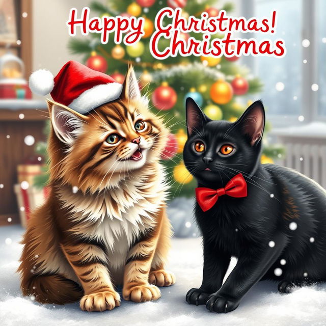 A cheerful Christmas card featuring two adorable cats playfully interacting in a winter wonderland