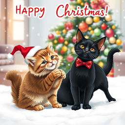 A cheerful Christmas card featuring two adorable cats playfully interacting in a winter wonderland