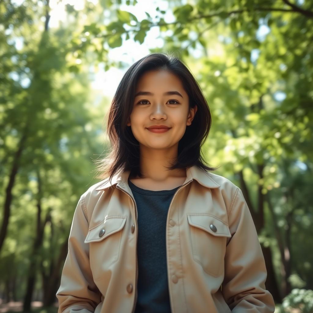 A photo of a person standing in a natural outdoor setting, looking confident and approachable