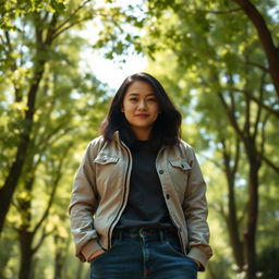 A photo of a person standing in a natural outdoor setting, looking confident and approachable