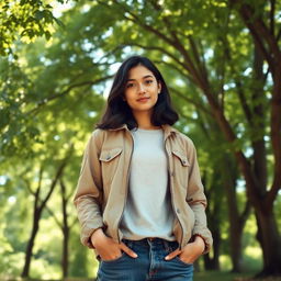 A photo of a person standing in a natural outdoor setting, looking confident and approachable