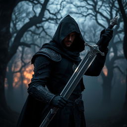 A mysterious warrior in dark attire, holding a gleaming sword in his hand, set against a dramatic twilight backdrop