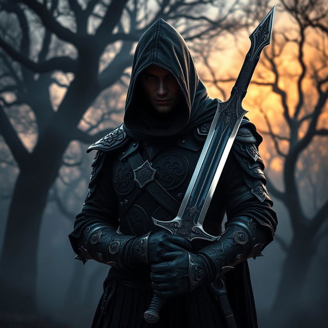 A mysterious warrior in dark attire, holding a gleaming sword in his hand, set against a dramatic twilight backdrop