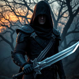 A mysterious warrior in dark attire, holding a gleaming sword in his hand, set against a dramatic twilight backdrop