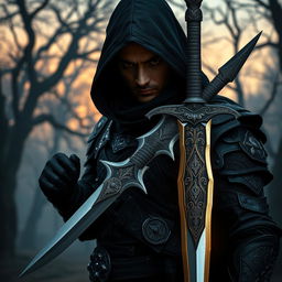 A mysterious warrior in dark attire, holding a gleaming sword in his hand, set against a dramatic twilight backdrop