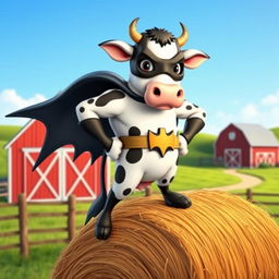 A whimsical cow superhero dressed as Batman, wearing a bat-inspired cape and mask, standing heroically atop a hay bale