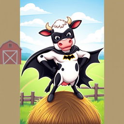 A whimsical cow superhero dressed as Batman, wearing a bat-inspired cape and mask, standing heroically atop a hay bale
