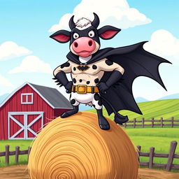 A whimsical cow superhero dressed as Batman, wearing a bat-inspired cape and mask, standing heroically atop a hay bale