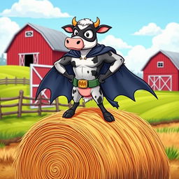 A whimsical cow superhero dressed as Batman, wearing a bat-inspired cape and mask, standing heroically atop a hay bale