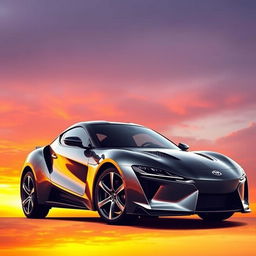A sleek and modern sports car with a long, aerodynamic body, featuring a glossy black roof and a bold, black front bumper