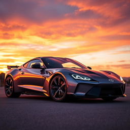 A sleek and modern sports car with a long, aerodynamic body, featuring a glossy black roof and a bold, black front bumper