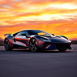 A sleek and modern sports car with a long, aerodynamic body, featuring a glossy black roof and a bold, black front bumper