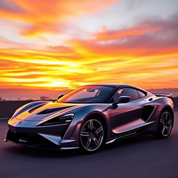 A sleek and modern sports car with a long, aerodynamic body, featuring a glossy black roof and a bold, black front bumper