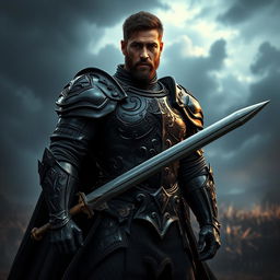 A strong black-clad man wearing a detailed suit of armor, holding a sword confidently in his hand