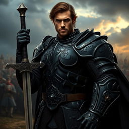 A strong black-clad man wearing a detailed suit of armor, holding a sword confidently in his hand