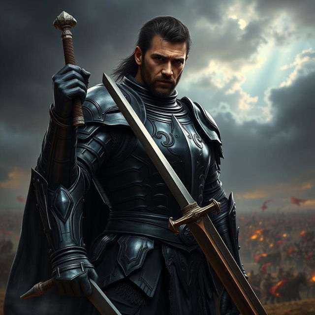 A strong black-clad man wearing a detailed suit of armor, holding a sword confidently in his hand