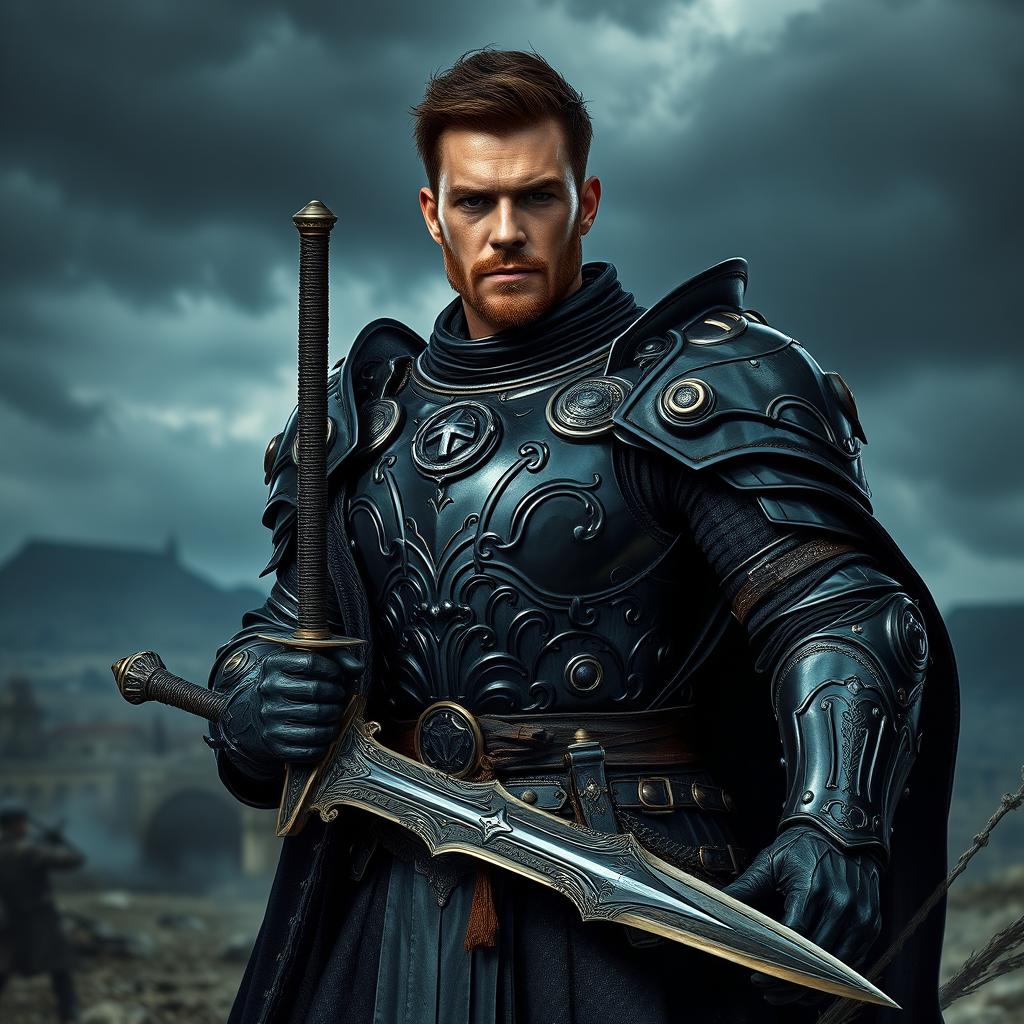 A strong black-clad man wearing a detailed suit of armor, holding a sword confidently in his hand