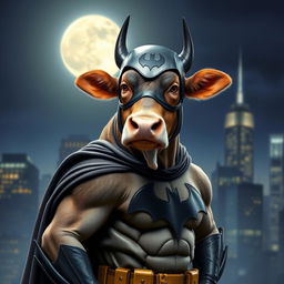 A realistic depiction of a cow dressed as Batman, complete with a dark cape and the iconic bat symbol on its chest