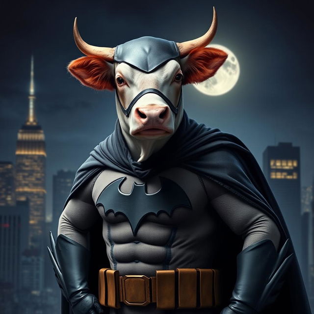 A realistic depiction of a cow dressed as Batman, complete with a dark cape and the iconic bat symbol on its chest