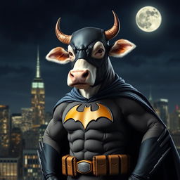 A realistic depiction of a cow dressed as Batman, complete with a dark cape and the iconic bat symbol on its chest