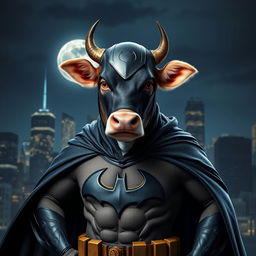 A realistic depiction of a cow dressed as Batman, complete with a dark cape and the iconic bat symbol on its chest