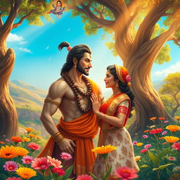 An artistic representation of the love story between Ravana's daughter, Sita, and Hanuman Ji, set in an ethereal landscape