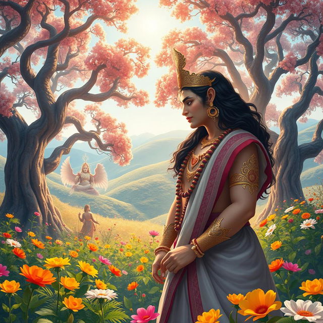 An artistic representation of the love story between Ravana's daughter, Sita, and Hanuman Ji, set in an ethereal landscape