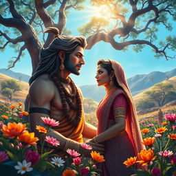 An artistic representation of the love story between Ravana's daughter, Sita, and Hanuman Ji, set in an ethereal landscape