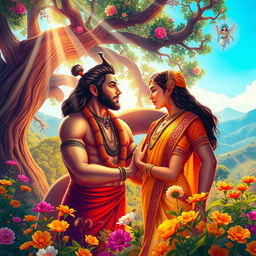 An artistic representation of the love story between Ravana's daughter, Sita, and Hanuman Ji, set in an ethereal landscape