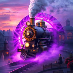 A magnificent steampunk train, adorned with intricate brass details and steam billowing from its smokestack, is dramatically entering a vibrant purple time portal that shimmers with swirling energy