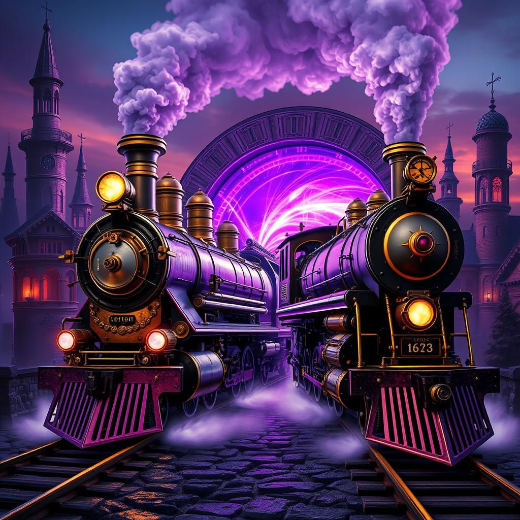 A magnificent steampunk train, adorned with intricate brass details and steam billowing from its smokestack, is dramatically entering a vibrant purple time portal that shimmers with swirling energy
