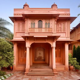 A 1345 sq ft Indian style home, proportioned as 22.5 by 60 feet, with intricate architectural details reflecting traditional Indian aesthetics.